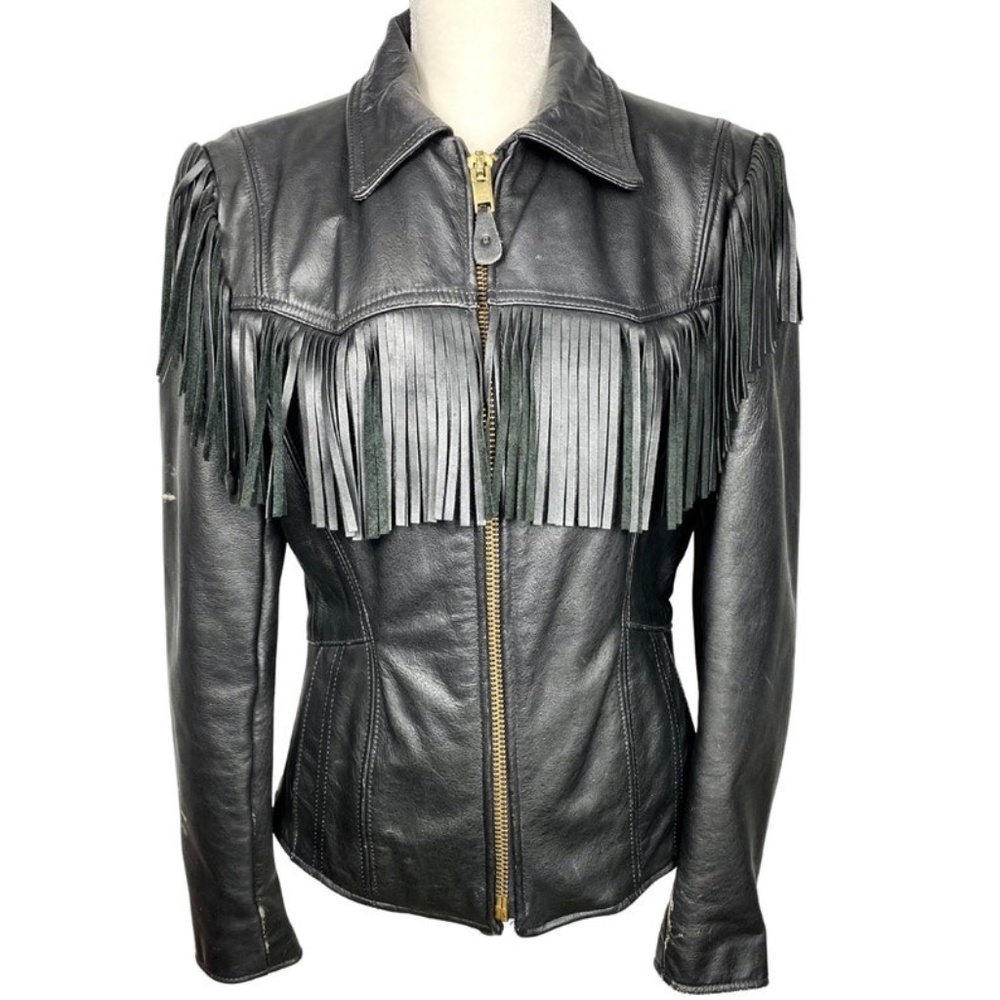 1970's Branded Garments Black Leather Fringe Jacket